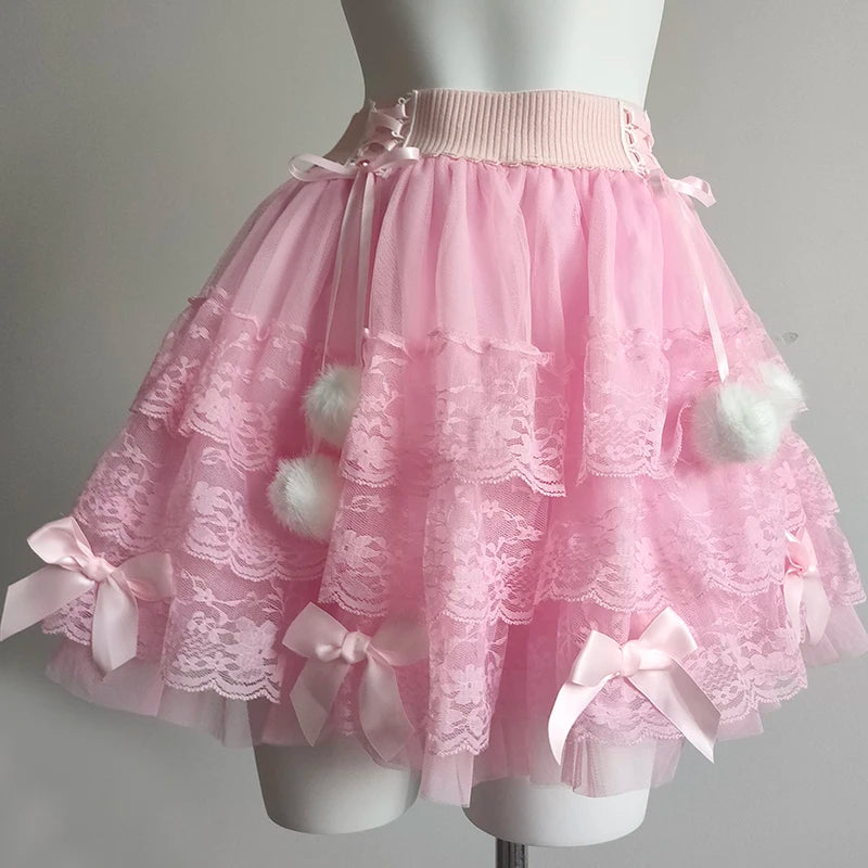 PomPom Balletcore Princess Coquette Style Lace Skirt with Bows