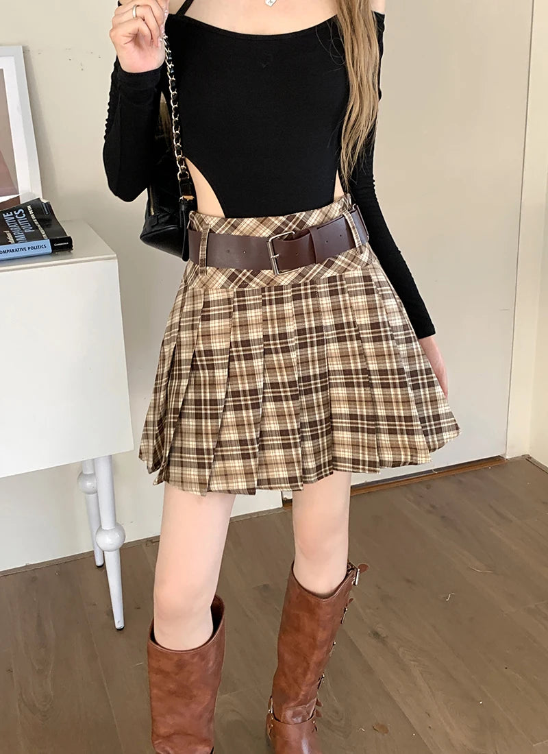 Plaid Pleated Dark Academia Mini Skirt with Belt