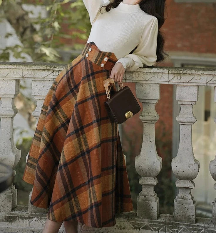 Dark Academia Wool A line High Waist Plaid Midi Skirt Dark Academia Skirt