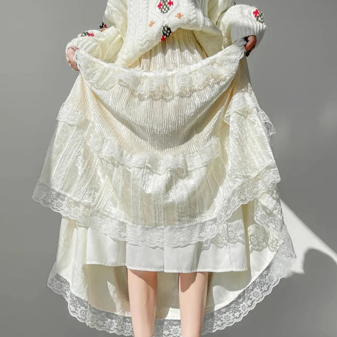 Lulu Vanilla Long Fairycore Tiered Lace Skirt