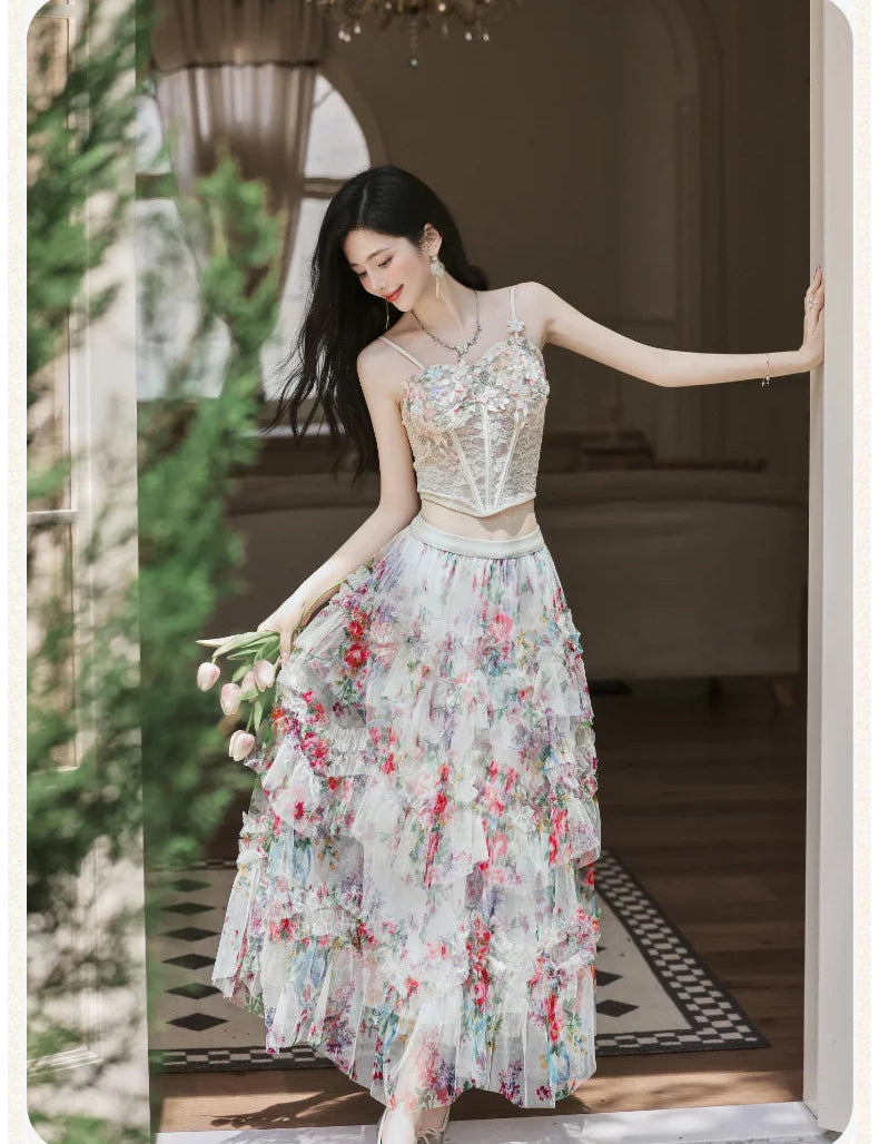 Elainna 3-Piece Outfit - Lace Bustier Top + Floral Ruffle Skirt + Cardigan