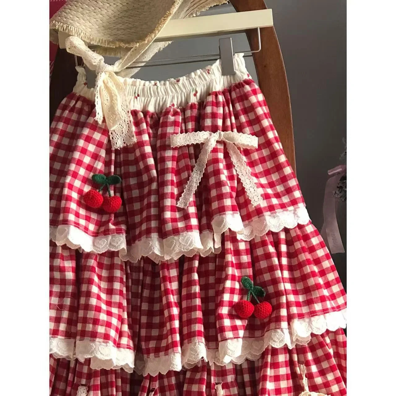 Cherry Red Plaid Cottagecore Skirt