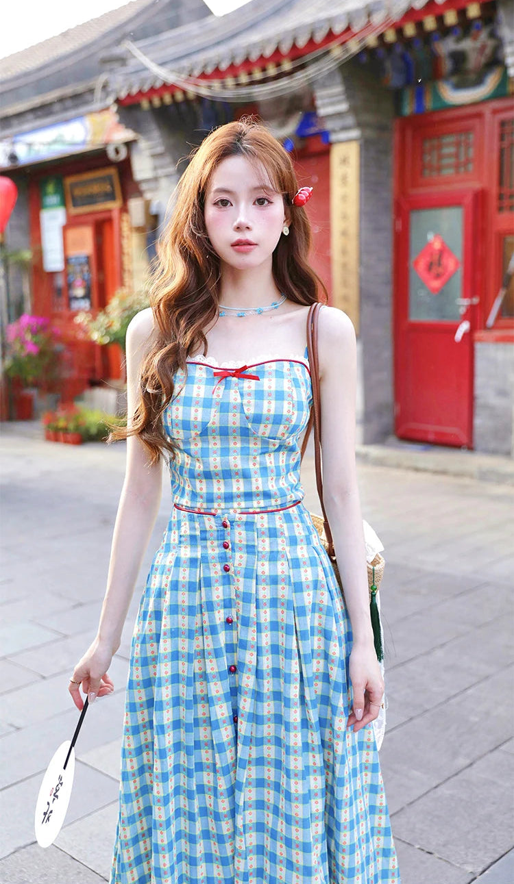 2-Piece Blue Plaid Picnic Dress Set