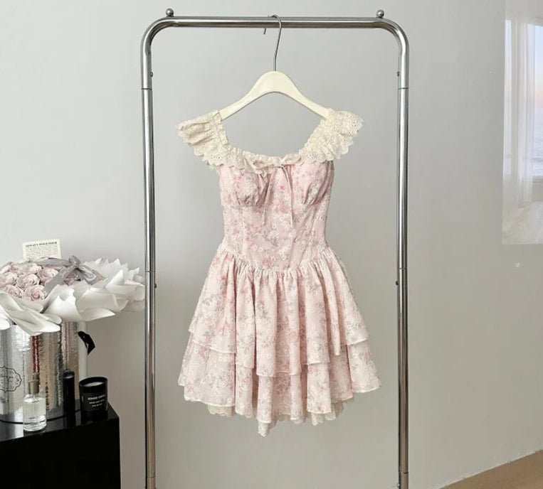 Floral Lace Tiered Coquette Dress coquette aesthetic clothing