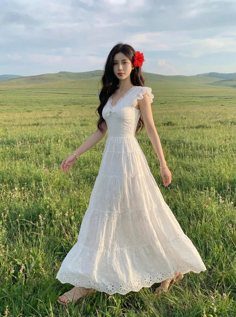 White Embroidered Cottagecore Dress white cottagecore dresses