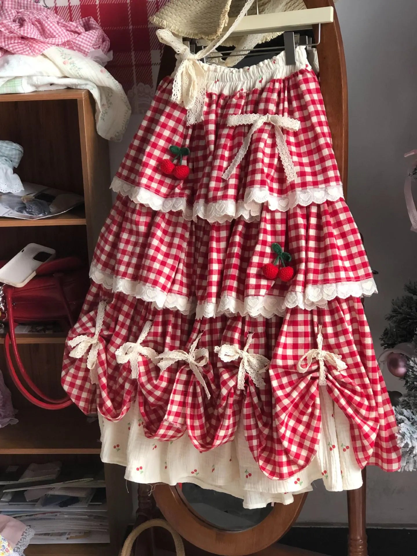 Cherry Red Plaid Cottagecore Skirt