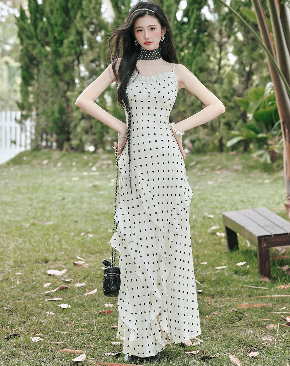 Lucy Coquette Polka Dot Maxi Dress 2-Piece Set (Dress+Scarf)