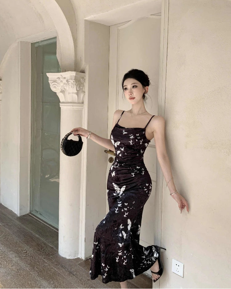 Dark Butterfly Velvet 90s Minimalist Style Slip Dress