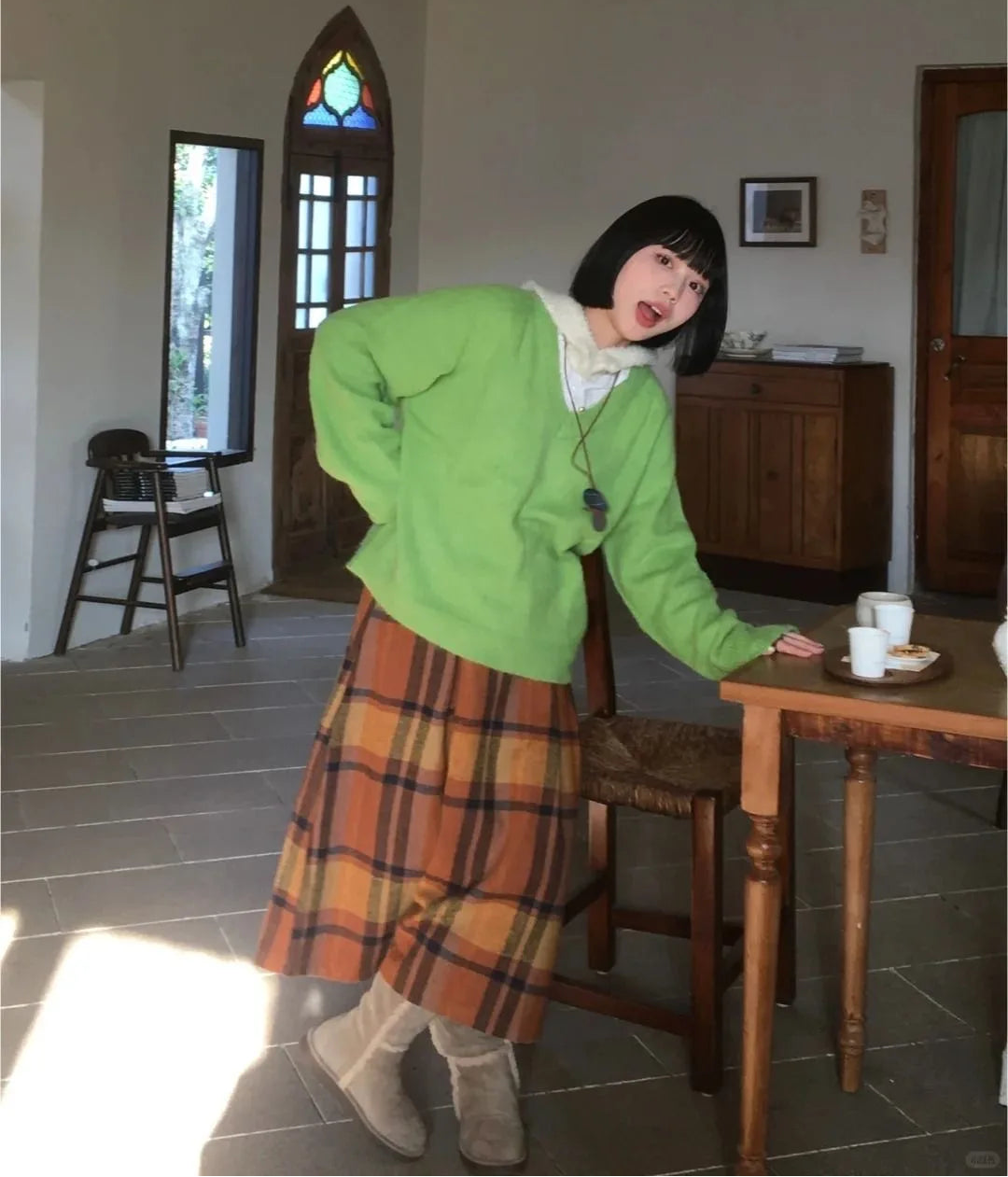 Fall Twig Plaid Wool Skirt