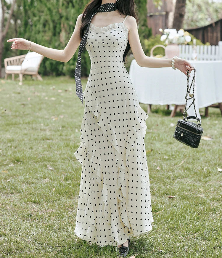 Lucy Coquette Polka Dot Maxi Dress 2-Piece Set (Dress+Scarf)