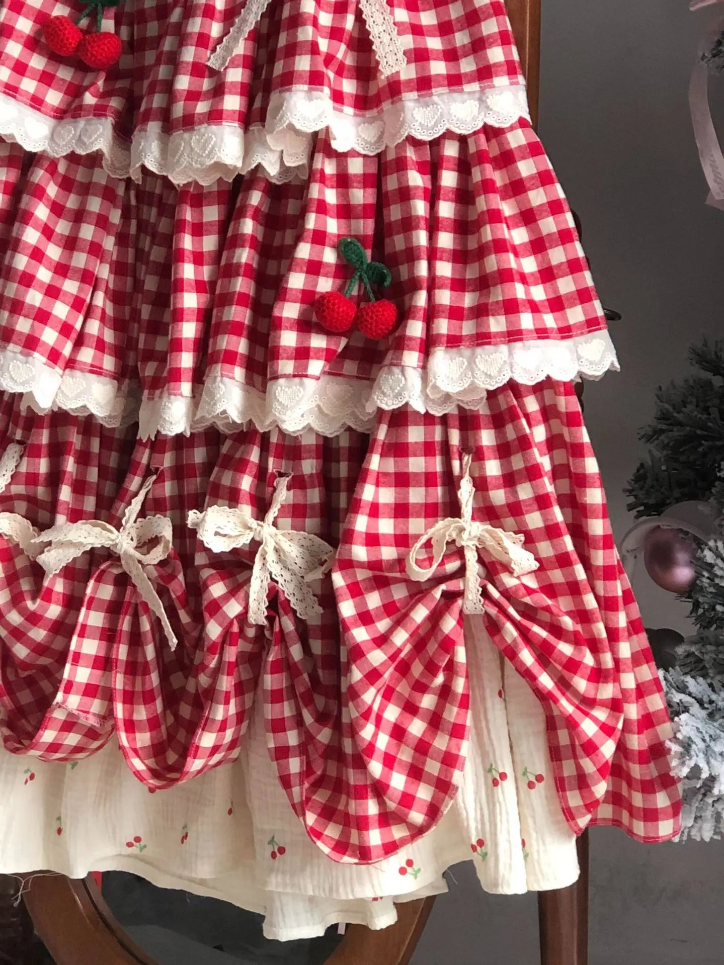 Cherry Red Plaid Cottagecore Skirt