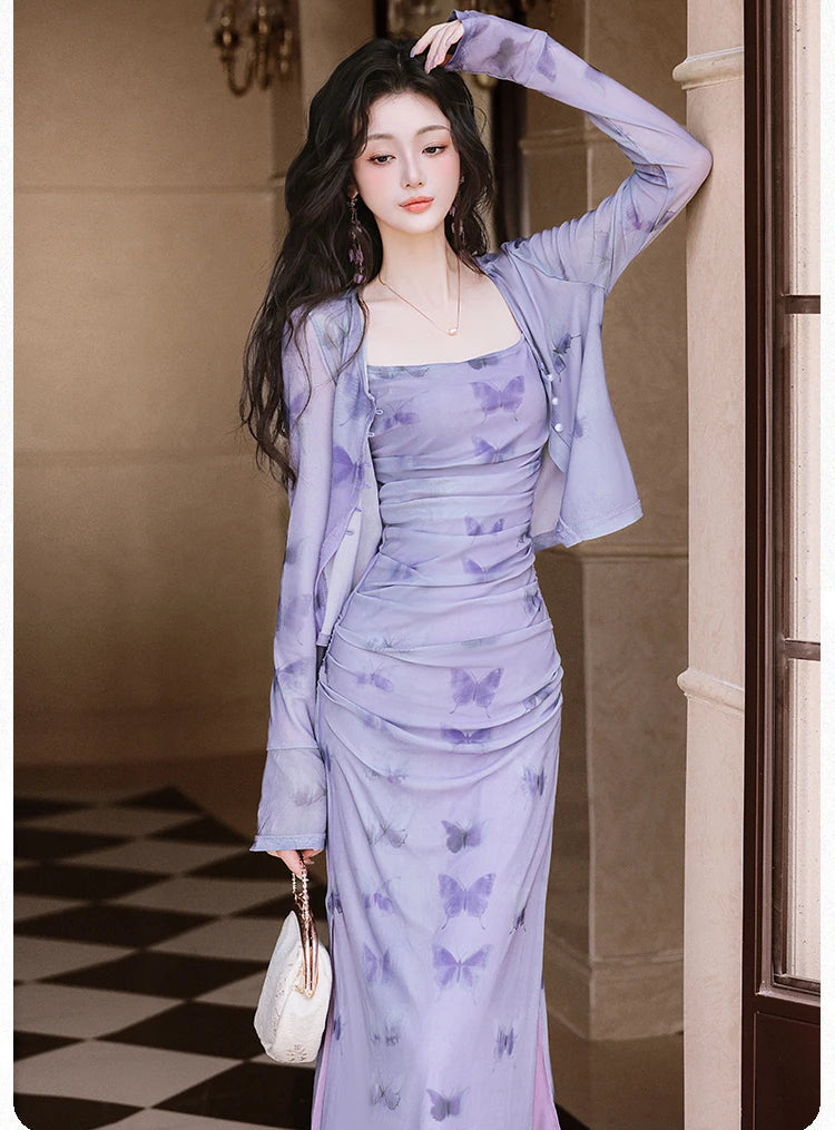 2-Piece Y2K Butterfly Slip Dress + Cardigan Set