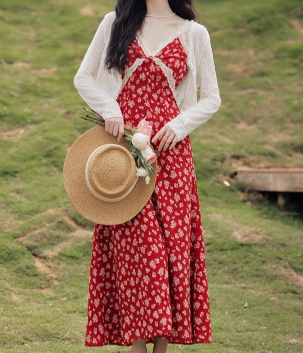 Floral Red Cottagecore Dress vintage 90s Grunge Style Dress