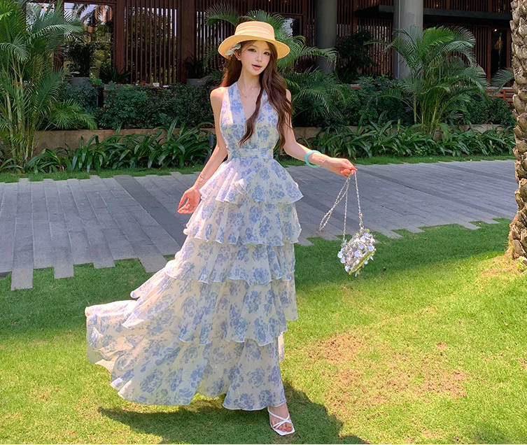 Blue Floral Fairycore Coquette Maxi Dress