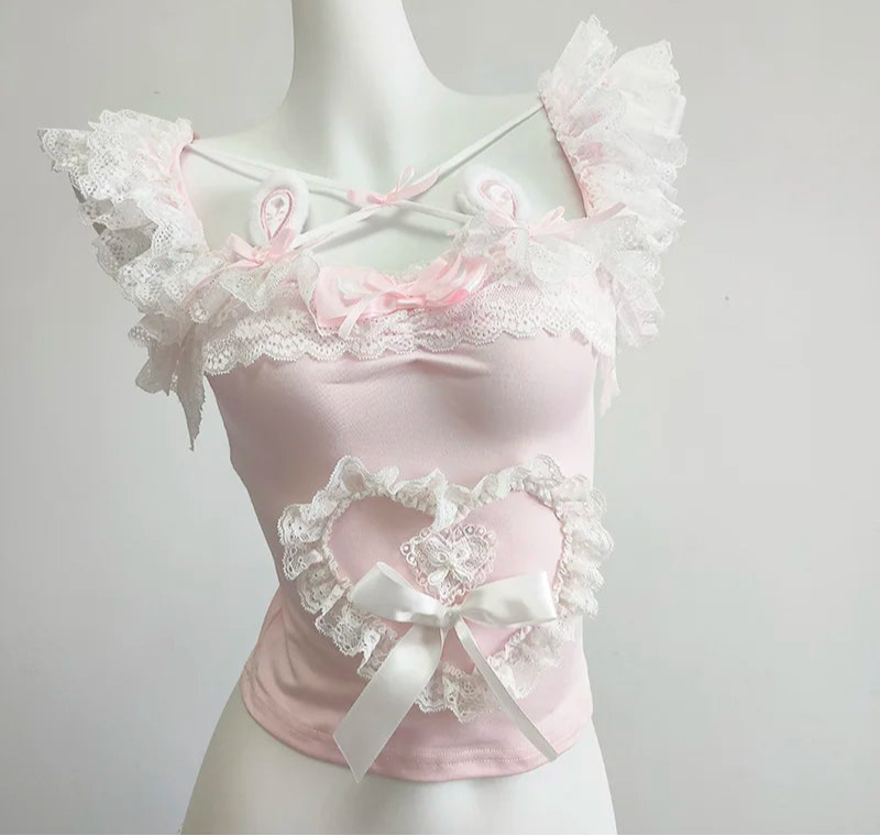 Wonder-hop Pink Coquette Bustier Top with Bunny Ears and Lace Ruffles