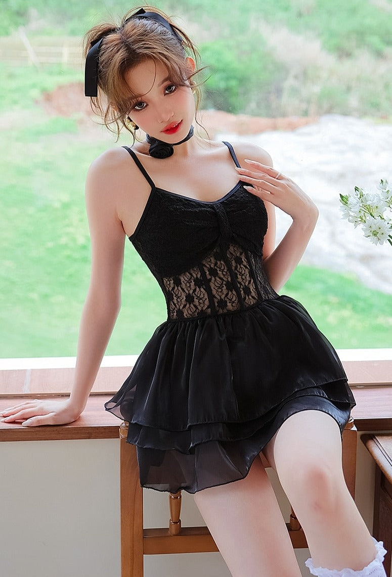 Dark Soul Black Lace Skirted Swimsuit