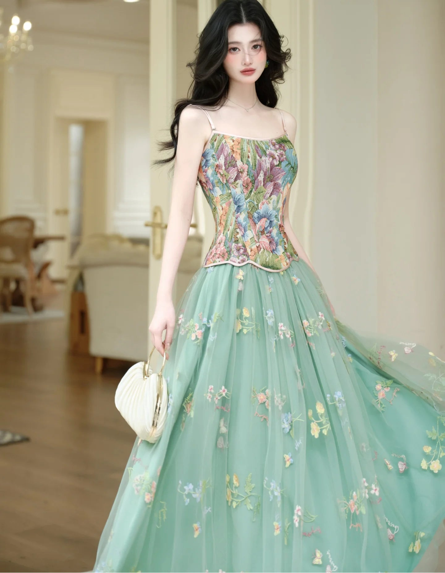 Fae Enchantment 2-Piece Flower Embroidered Green Fairy Dress Set