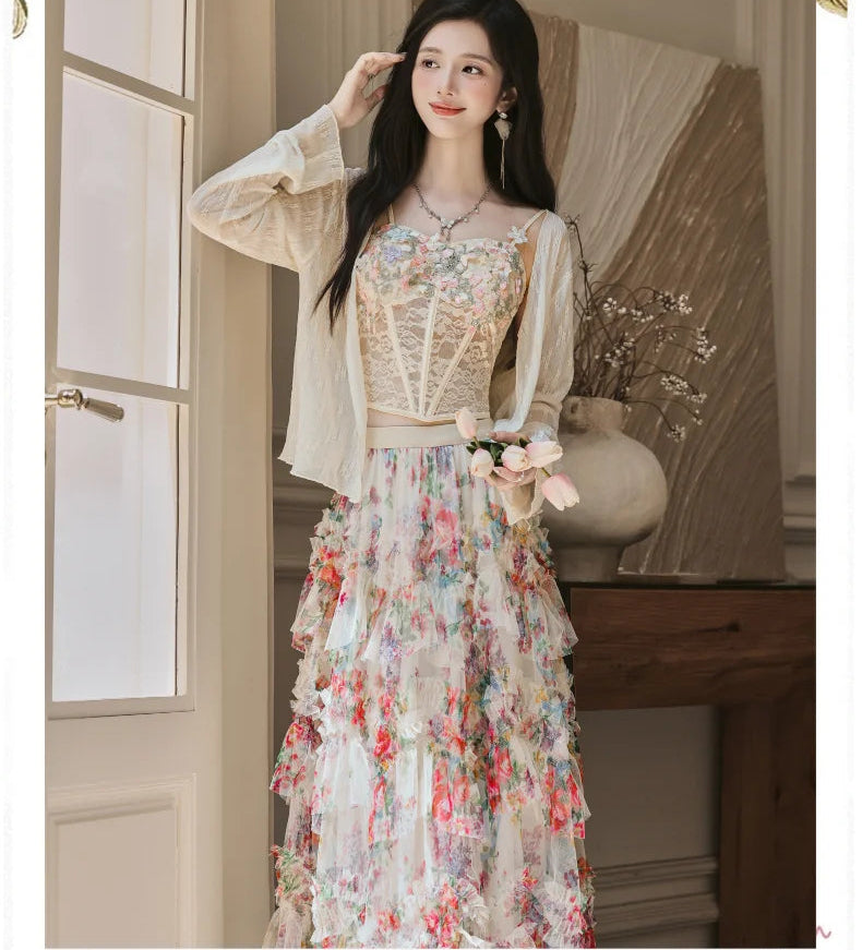 Elainna 3-Piece Outfit - Lace Bustier Top + Floral Ruffle Skirt + Cardigan