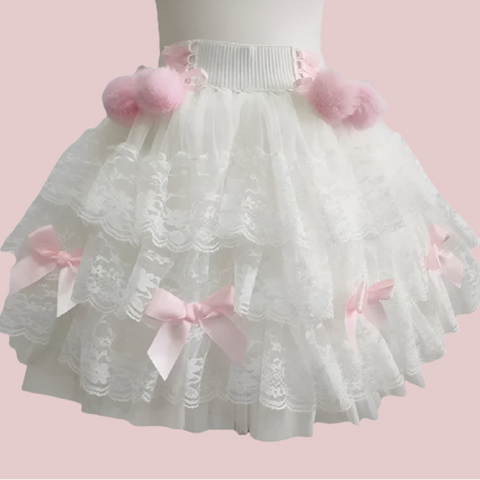 PomPom Balletcore Princess Coquette Style Lace Skirt with Bows