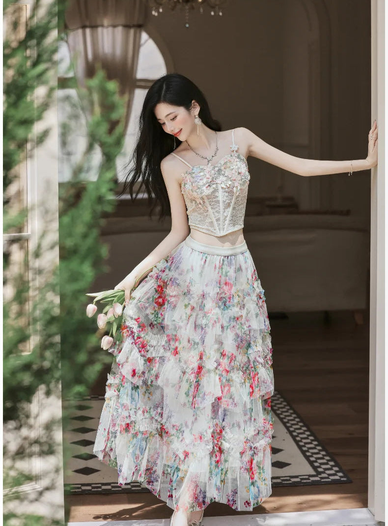 Elainna 3-Piece Outfit - Lace Bustier Top + Floral Ruffle Skirt + Cardigan