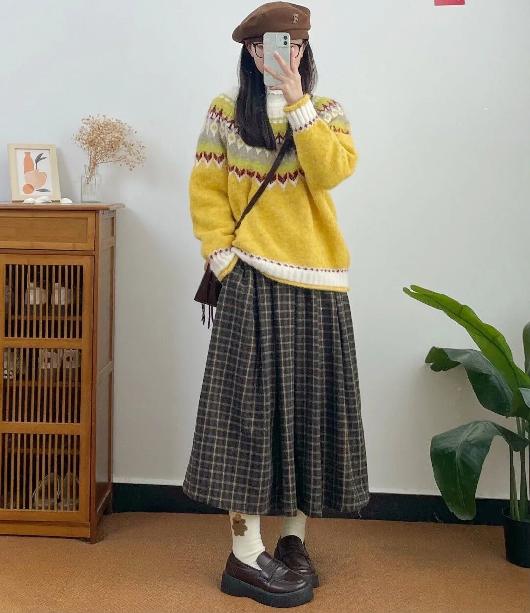 Winter Fog Wool Dark Academia Plaid Midi Skirt