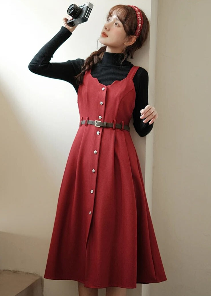 Marceline Dark Academia Pinafore Dress with Belt