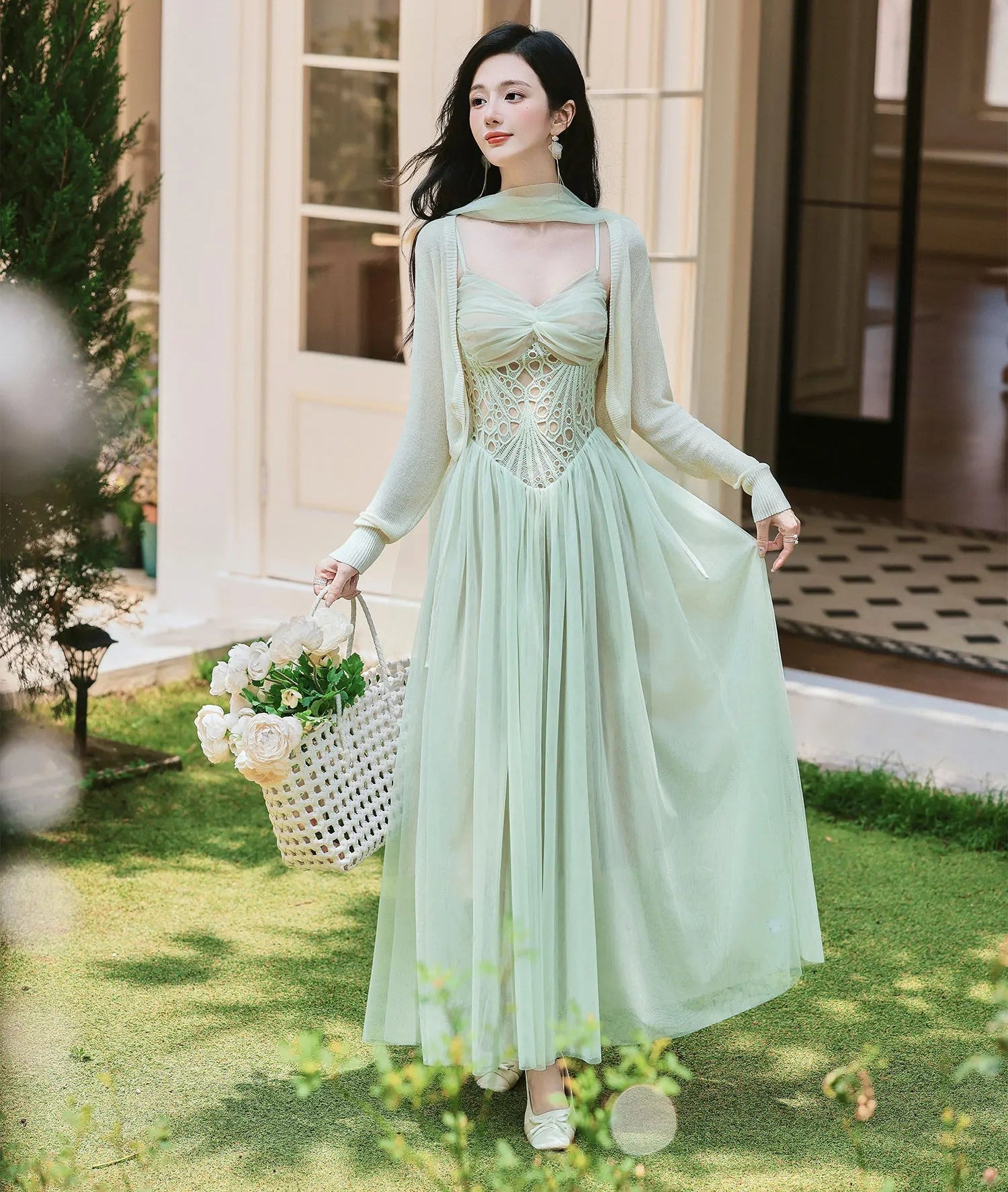 Mint-Green Fairy Princess Dress with Scarf balletcore mint dress Mint-Green Fairy Princess Dress with Scarf balletcore mint dress
