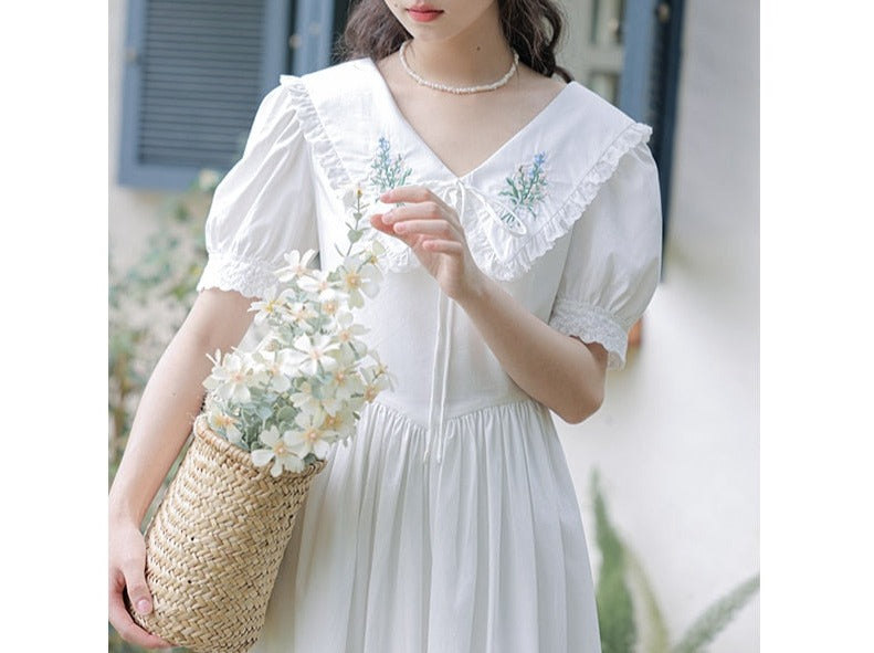 Botanical Flower Embroidered White Cottagecore Dress