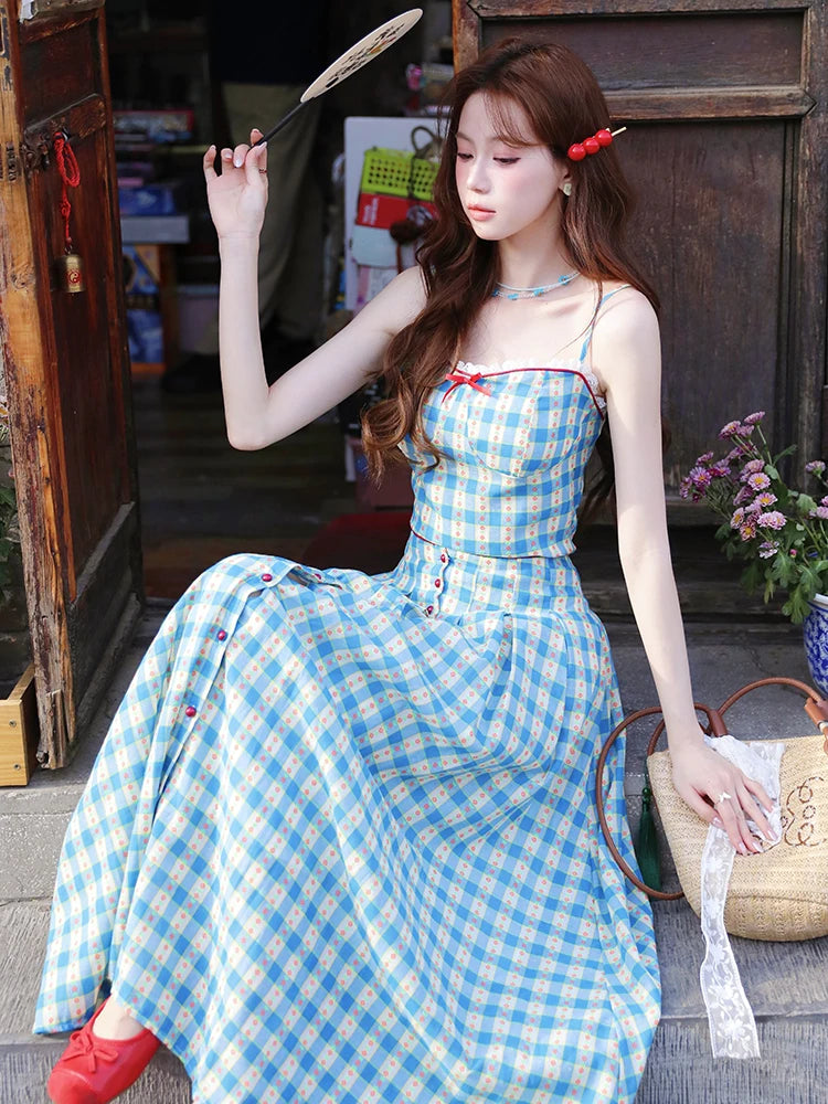 2-Piece Blue Plaid Picnic Dress Set
