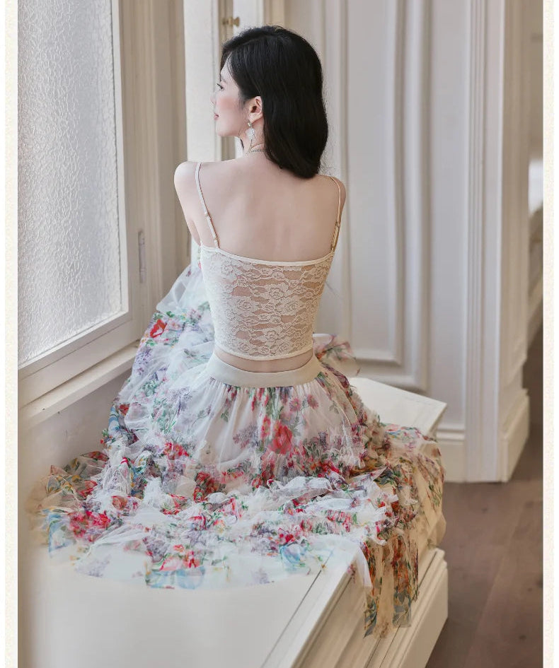 Elainna 3-Piece Outfit - Lace Bustier Top + Floral Ruffle Skirt + Cardigan