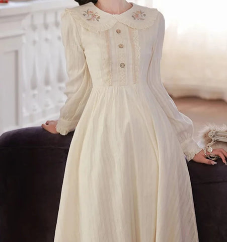 Lotus Angel Vintage-Inspired Dress with Embroidered Peter Pan Collar