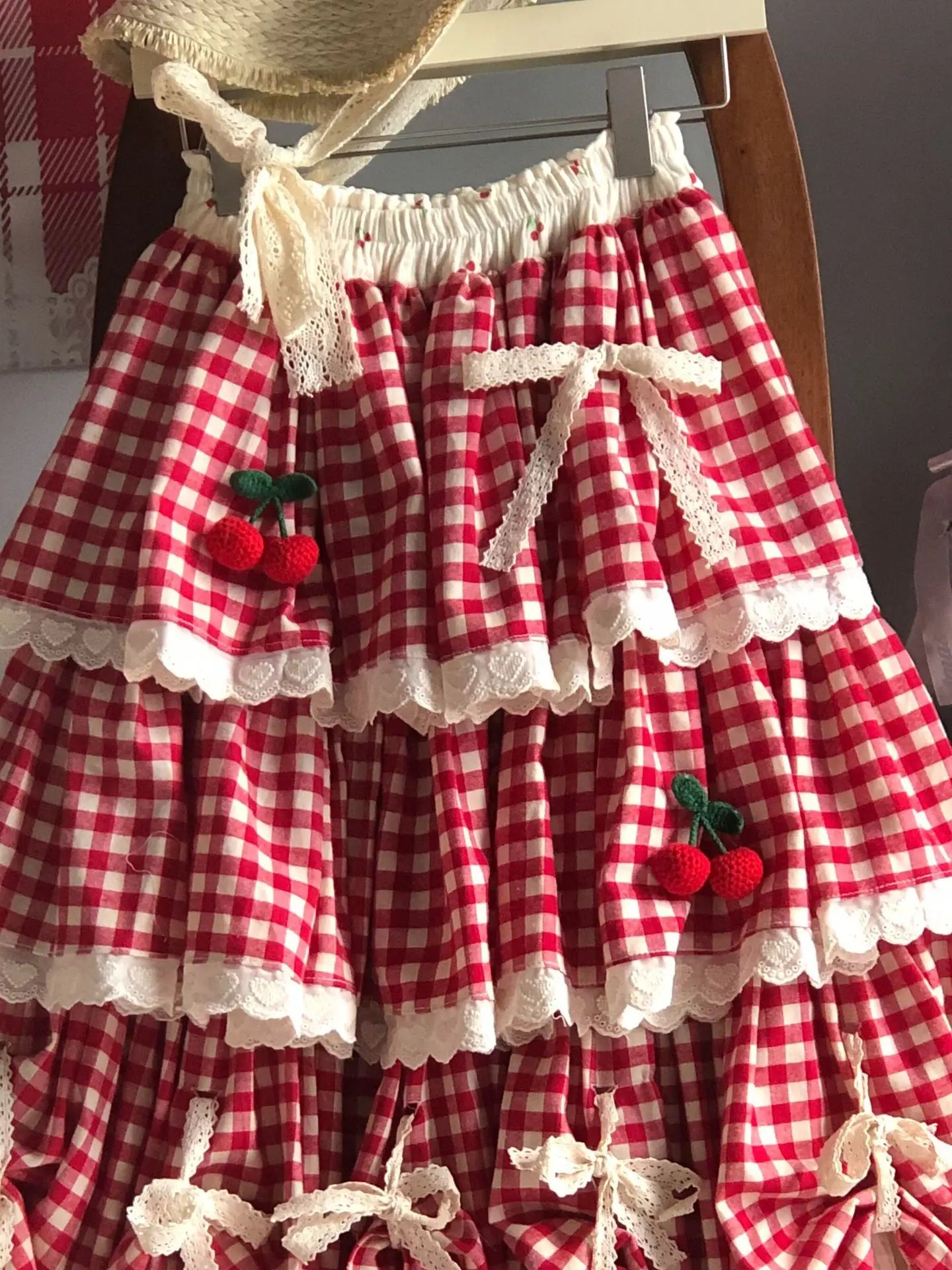 Cherry Red Plaid Cottagecore Skirt