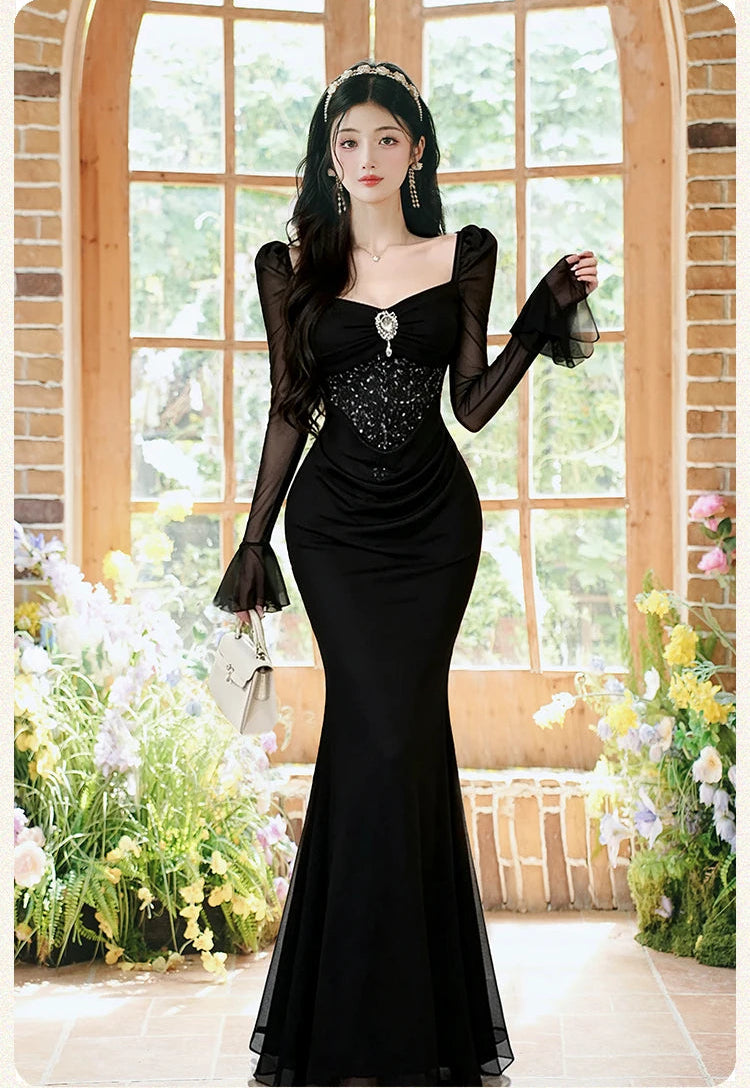Dark Siren Dark Aesthetic Gown - Gothic Glamour Maxi Evening Dress