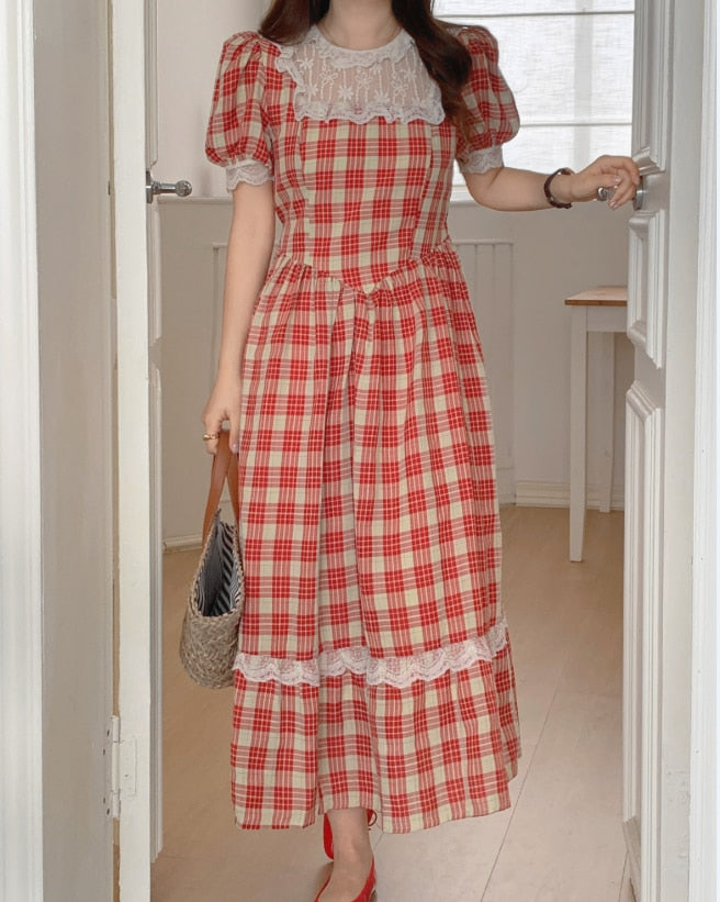 Plaid Vintage-Lace Cottagecore Dress