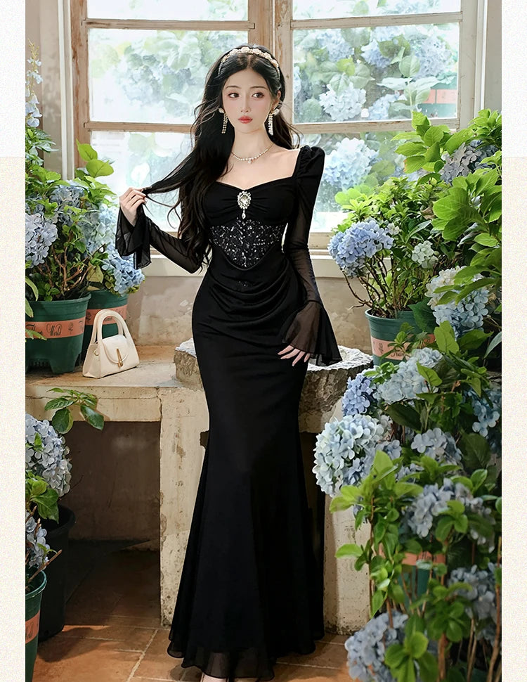 Dark Siren Dark Aesthetic Gown - Gothic Glamour Maxi Evening Dress