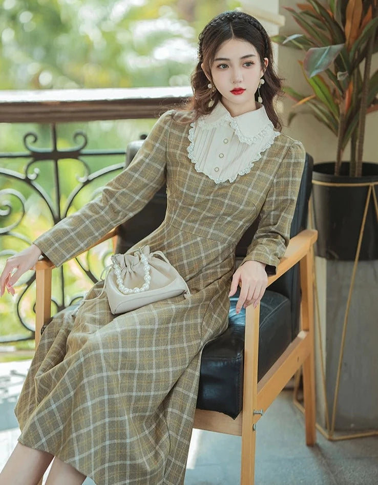 Olive Grove Plaid Vintage Academia Dress