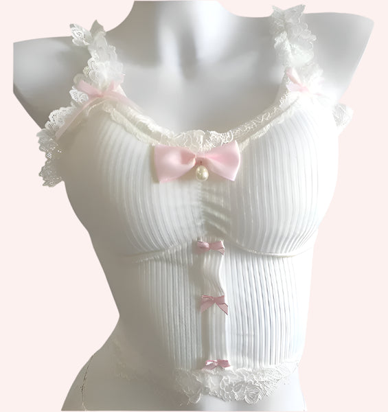 Handmade Coquette Crop Top with Pearl Bow Coquette Tops