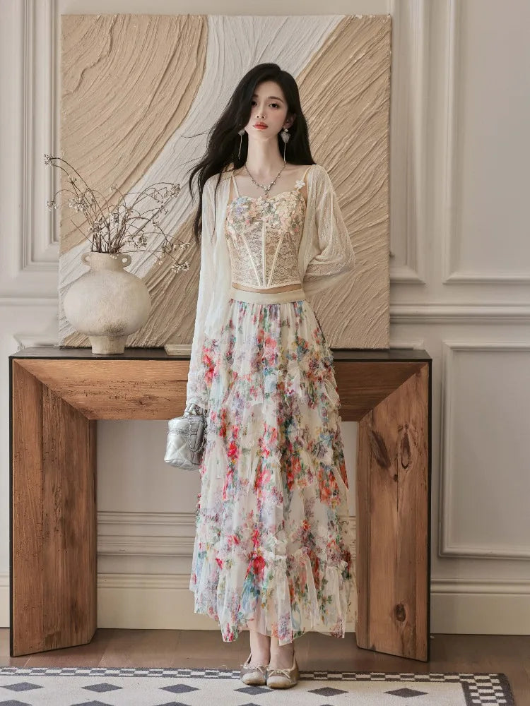 Elainna 3-Piece Outfit - Lace Bustier Top + Floral Ruffle Skirt + Cardigan