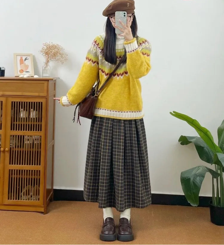 Winter Fog Wool Dark Academia Plaid Midi Skirt