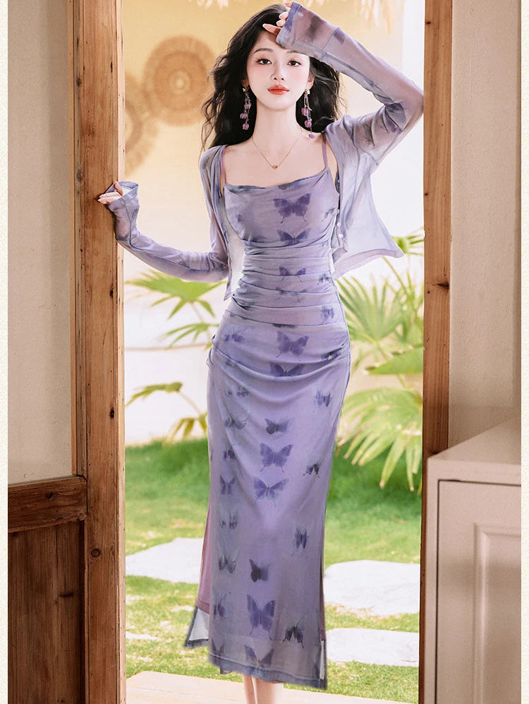 2-Piece Y2K Butterfly Slip Dress + Cardigan Set