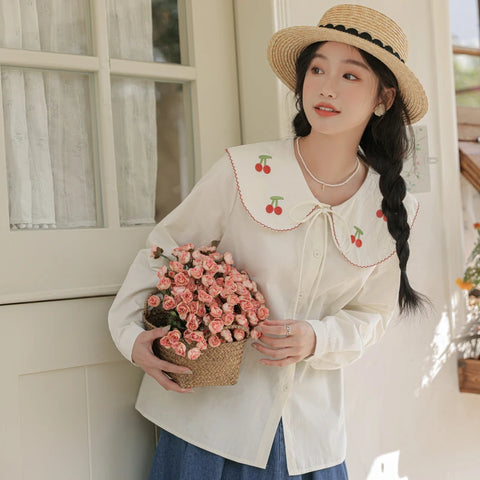 Cherry Embroidered Cottagecore Shirt