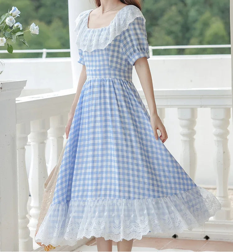 Heidi Plaid Blue Cottagecore Dress