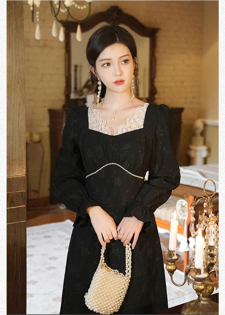 Lucille Dark Aesthetic Pearl & Lace Romantic Gothic Dress