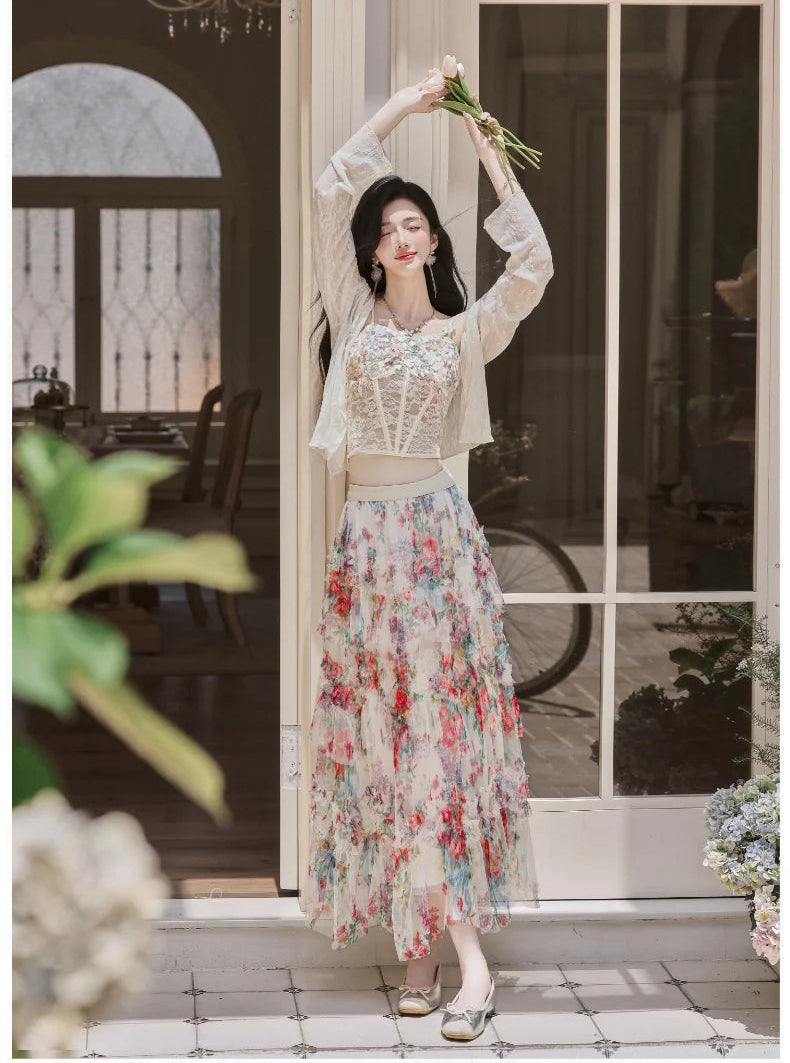Elainna 3-Piece Outfit - Lace Bustier Top + Floral Ruffle Skirt + Cardigan