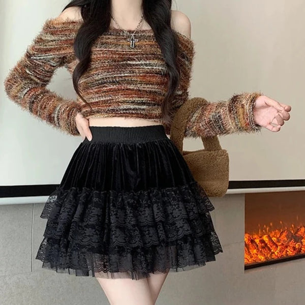 Black Velvet & Lace Goth Mini Skirt