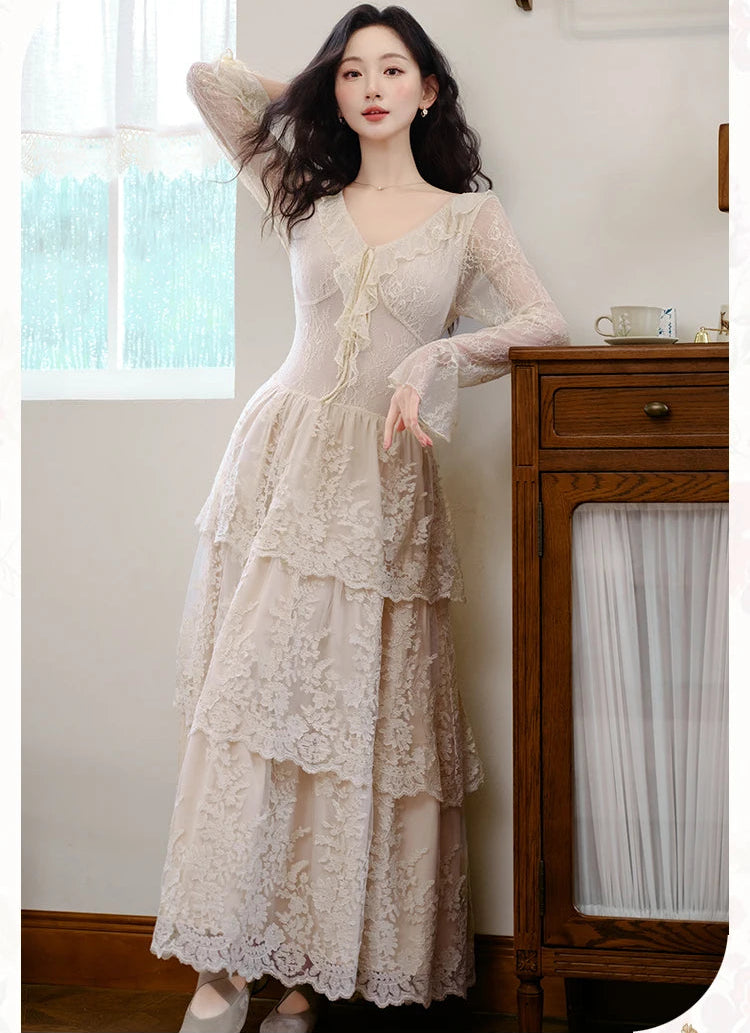 Estelia Romantic Royalcore Vintage-Style Lace Dress