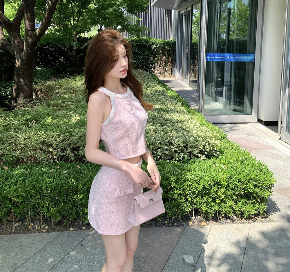 Pastel Pink Coquette 2-Piece Tweed Set