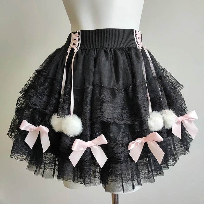 PomPom Balletcore Princess Coquette Style Lace Skirt with Bows