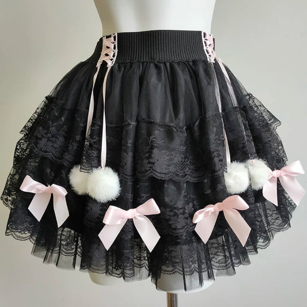 PomPom Balletcore Princess Coquette Style Lace Skirt with Bows