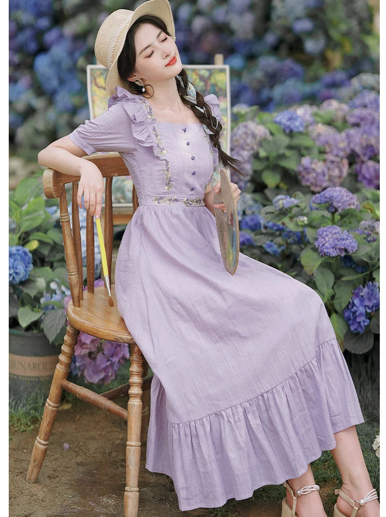 purple dress cotton on Purple Cotton Poplin Midi Off-Shoulder Dress 52" / Custom Height (Free)